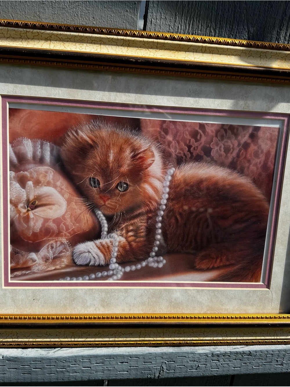 Framed Art Print of Ginger Kitten with Pearl Necklace